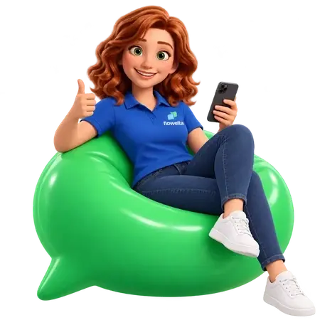 Flo relaxing on a green speech-bubble beanbag, giving a thumbs-up with a phone in her other hand