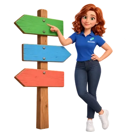Flo pointing along one of three signpost arrows in green, blue and coral