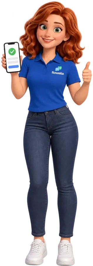 Flo standing on the card below, holding up her phone with a green tick and giving a thumbs-up