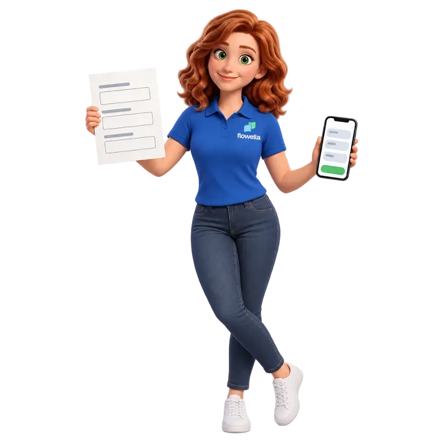 Flo, la mascota de Flowella, sostiene un formulario en papel en una mano y un teléfono en el que se ve ese mismo formulario en forma de chat en la otra