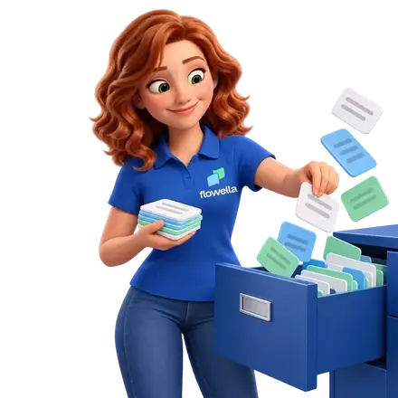 Flo filing small data cards into a blue filing drawer