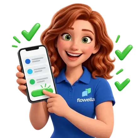 Flo tapping the green button on a big phone showing a short form, with green ticks around her