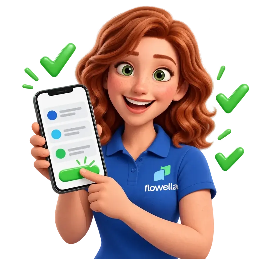 Flo tapping the green button on a big phone showing a short form, with green ticks around her
