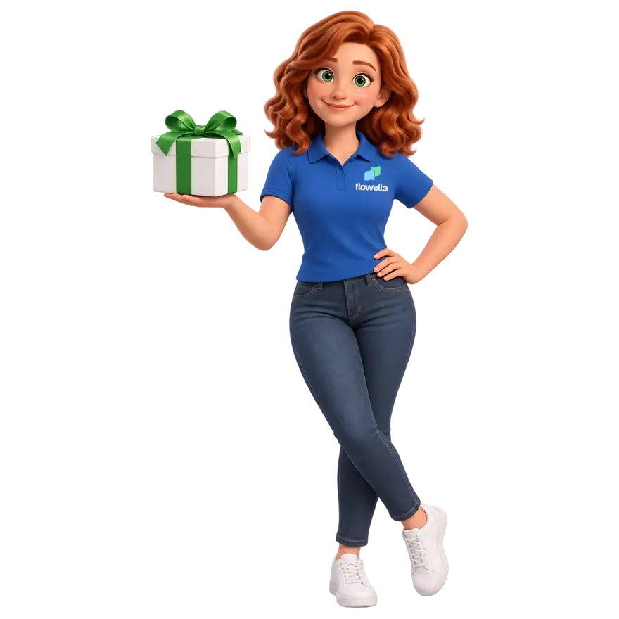 Flo, the Flowella mascot, holding out a white gift box tied with a green ribbon