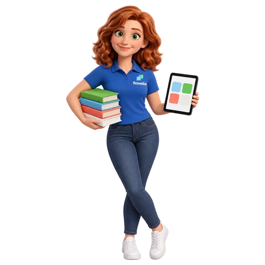 «فلو»، شخصية «فلوويلا» الترويجية، تحمل كومة من الكتب تحت إحدى ذراعيها وجهازًا لوحيًّا في يدها الأخرى