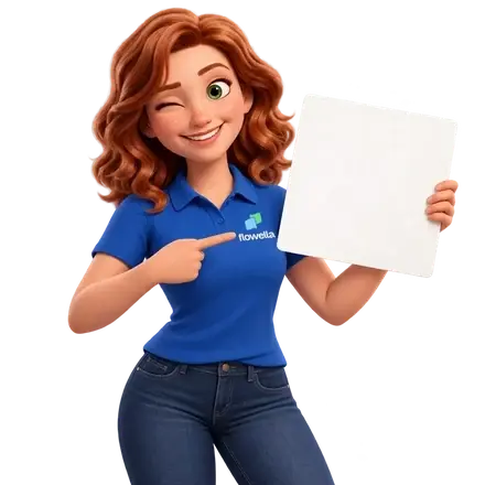 Flo winking and pointing at the WhatsApp QR code printed on the card she is holding up
