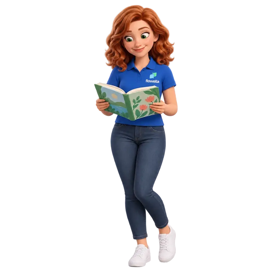 Flo, the Flowella mascot, smiling as she reads an open journal held in both hands