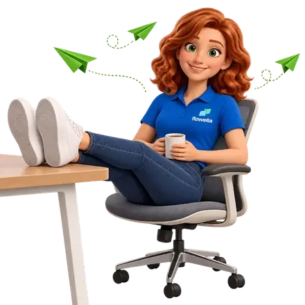 Flo with her feet up on a desk and a mug of tea while green paper planes fly past