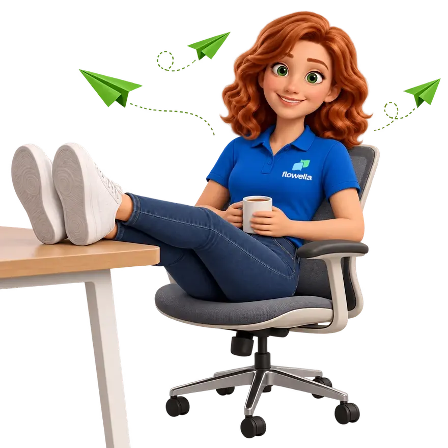 Flo with her feet up on a desk and a mug of tea while green paper planes fly past
