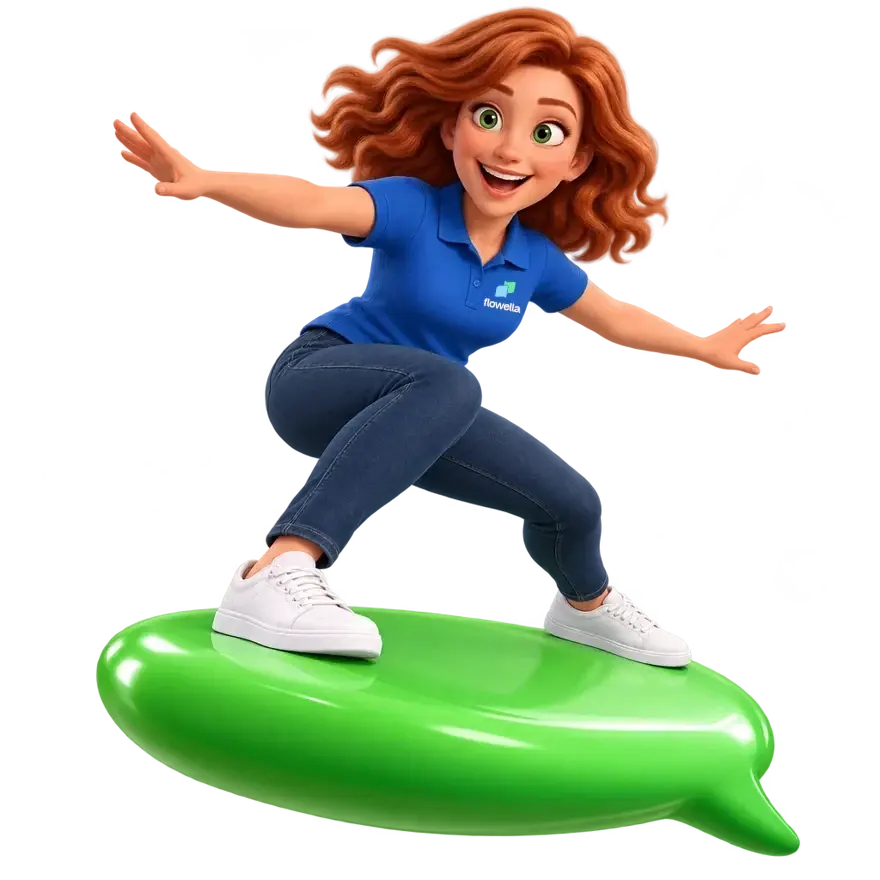 Flo, the Flowella mascot, surfing on a big green WhatsApp speech bubble with her arms out, laughing