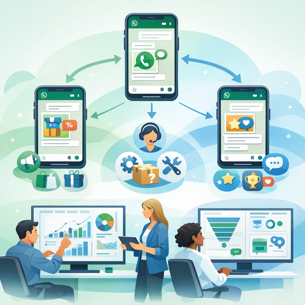 Modern illustration showing a WhatsApp chatbased customer journey with branching paths for marketing service and loyalty marketers reviewing engagemen