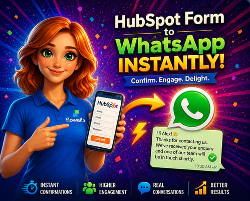 Flo von Flowella hält ein Smartphone in der Hand, auf dem eine sofortige WhatsApp-Bestätigung von HubSpot zu sehen ist, die nach dem Absenden eines Formulars gesendet wurde