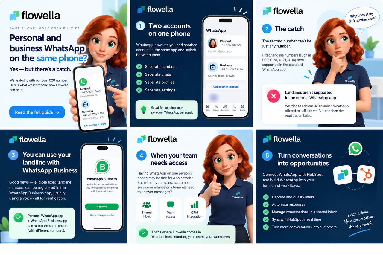 Flowella infographic explaining how to use personal and business WhatsApp on the same phone, including business landline limitations and Flowella integration