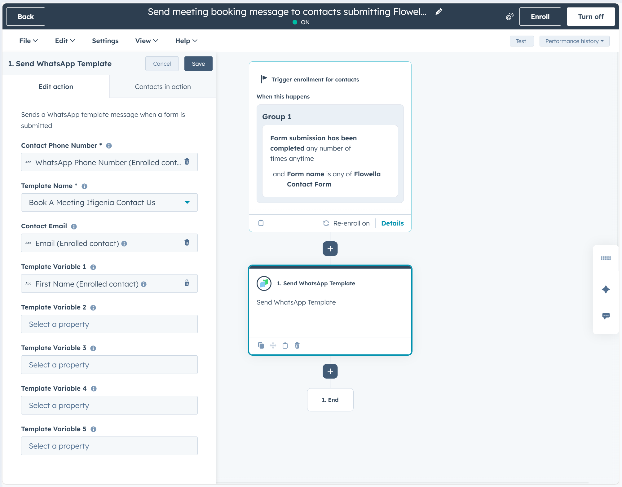HubSpot workflow canvas showing a Flowella custom workflow action configured to send a WhatsApp template