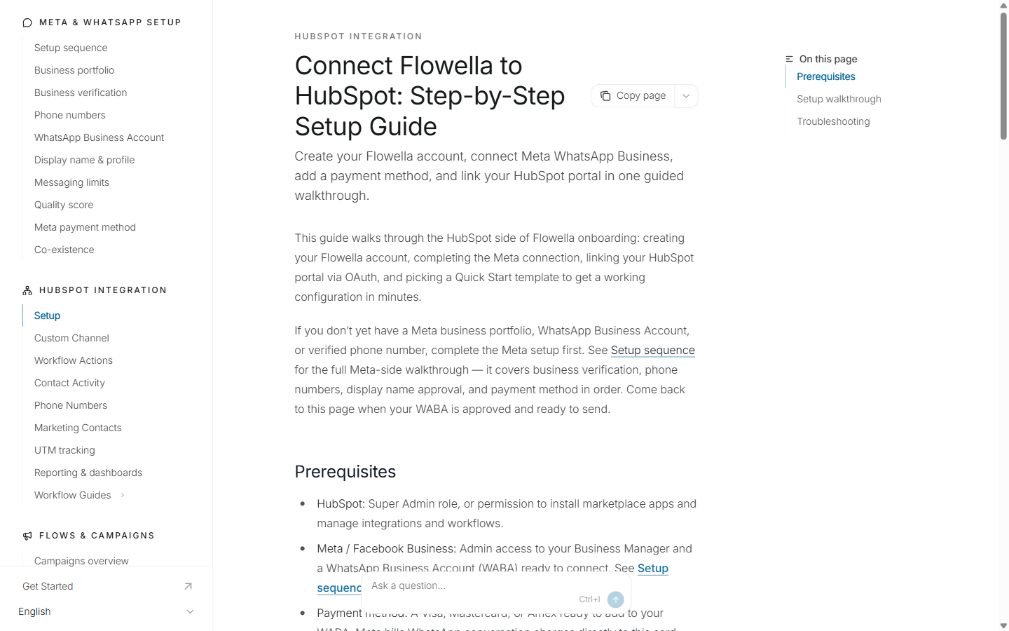 Base de conocimientos de Flowella con la guía paso a paso para configurar la conexión entre Flowella y HubSpot