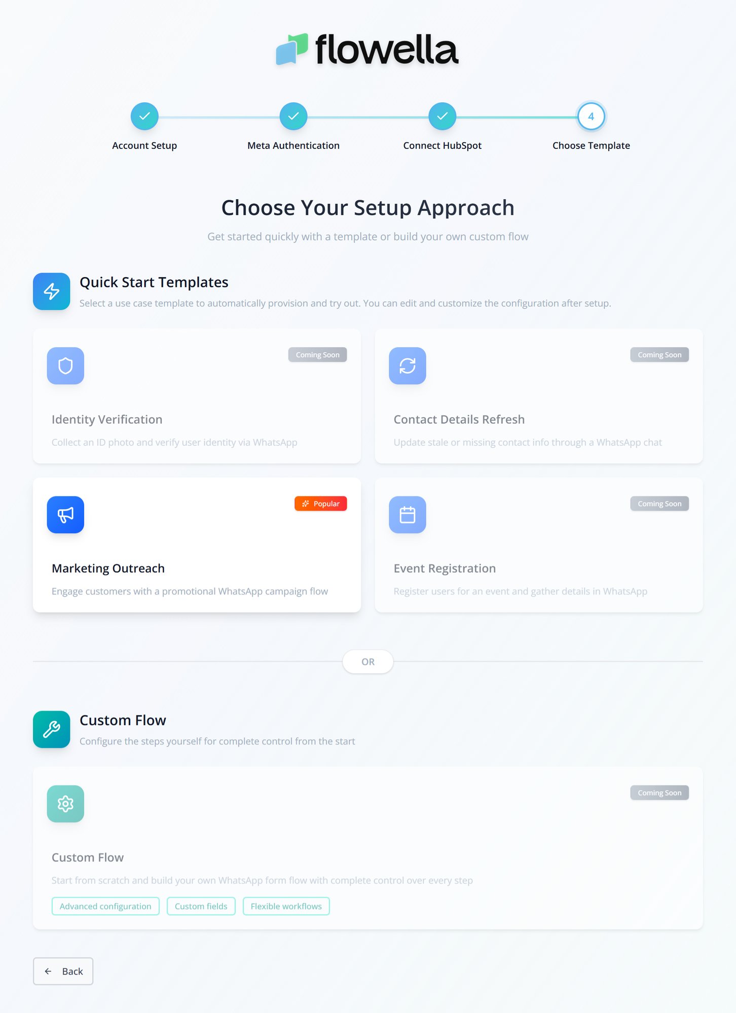 Template selection page with Quick Start cards and Custom Flow option.