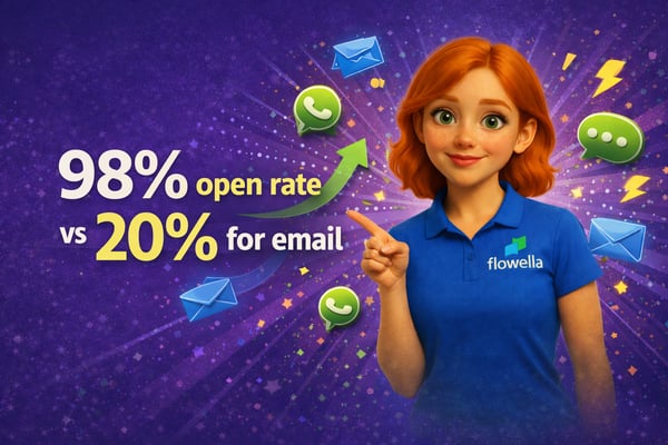 Sobres de correo electrónico estilizados superpuestos a una burbuja de chat de WhatsApp — ilustración sobre email vs. mensajería