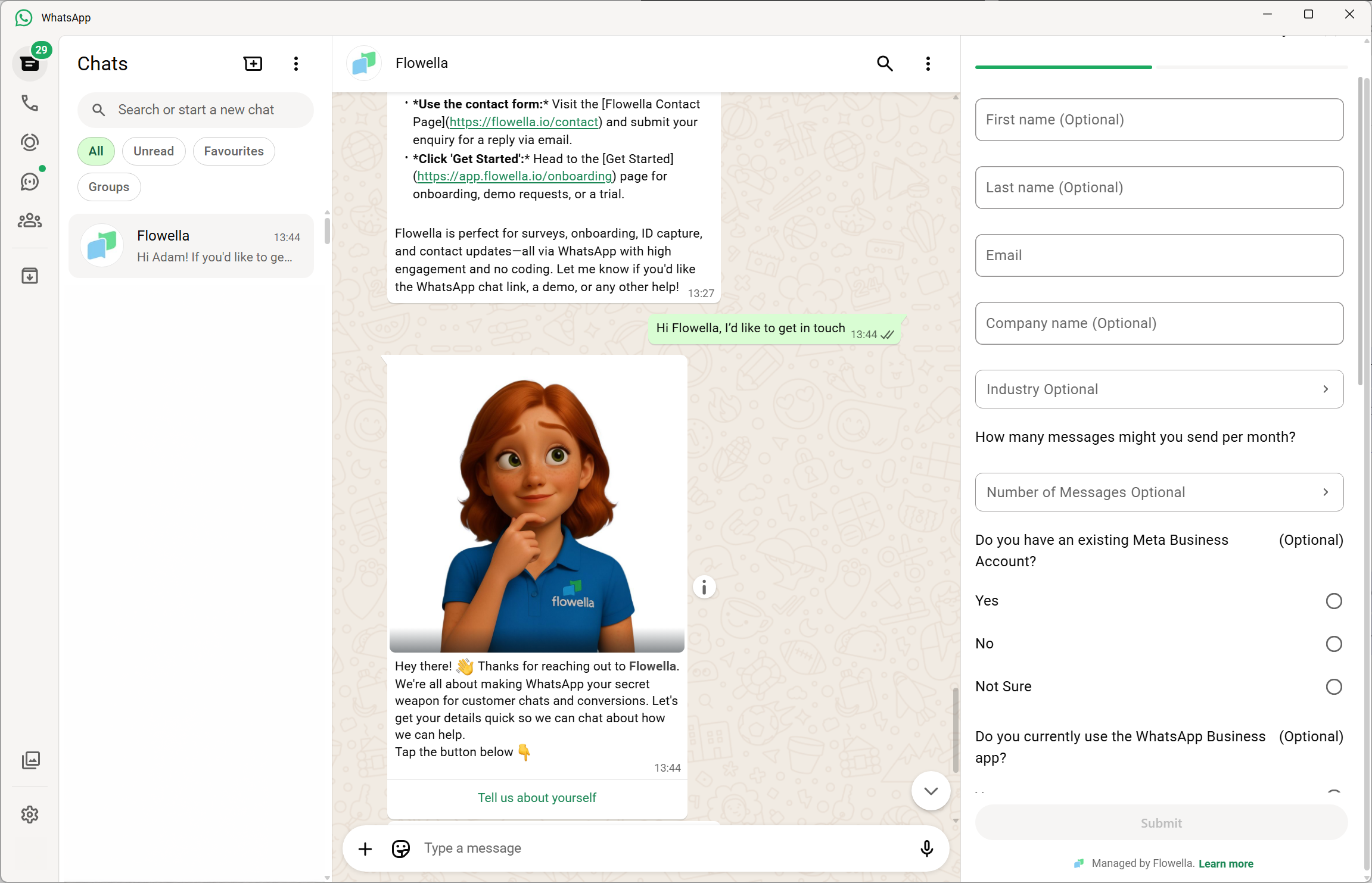 Flowella contact form displayed inside WhatsApp Desktop using WhatsApp Flows.