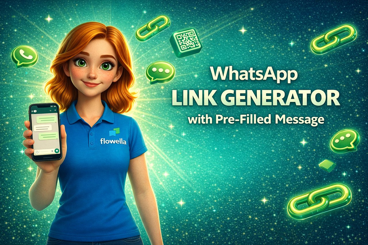 Flowella WhatsApp link generator hero banner with Flo holding a phone showing a pre-filled WhatsApp message