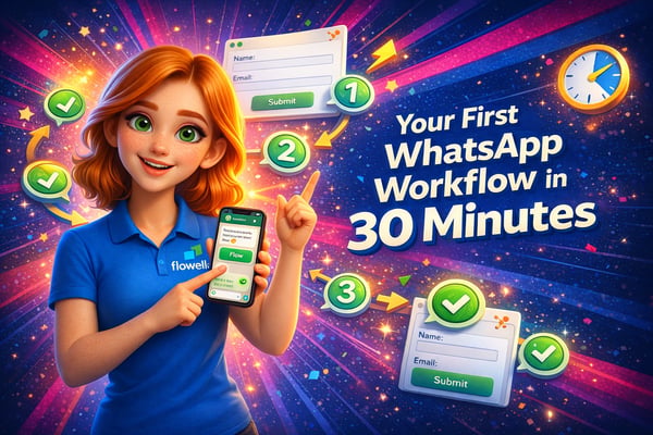 Flo, the Flowella mascot, holding a phone showing a WhatsApp Flow and pointing upward excitedly, with numbered workflow steps, a 30-minute clock, form UI elements and confetti on a vibrant blue-to-pink gradient background