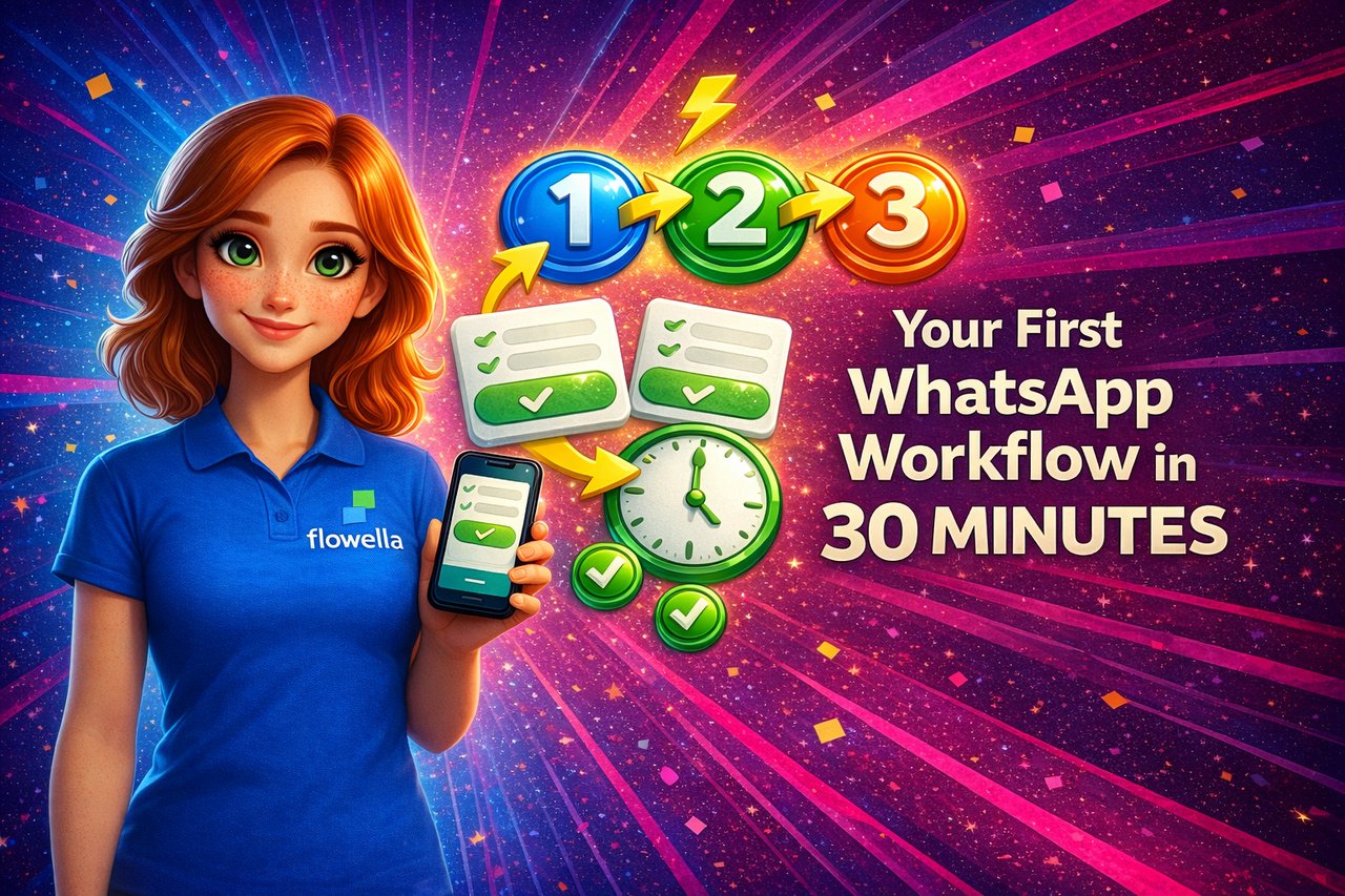 Flo, the Flowella mascot, holding a phone showing a WhatsApp Flow form, with three numbered workflow step badges connected by arrows, a 30-minute clock, form cards and green ticks on a vibrant blue-to-pink gradient background