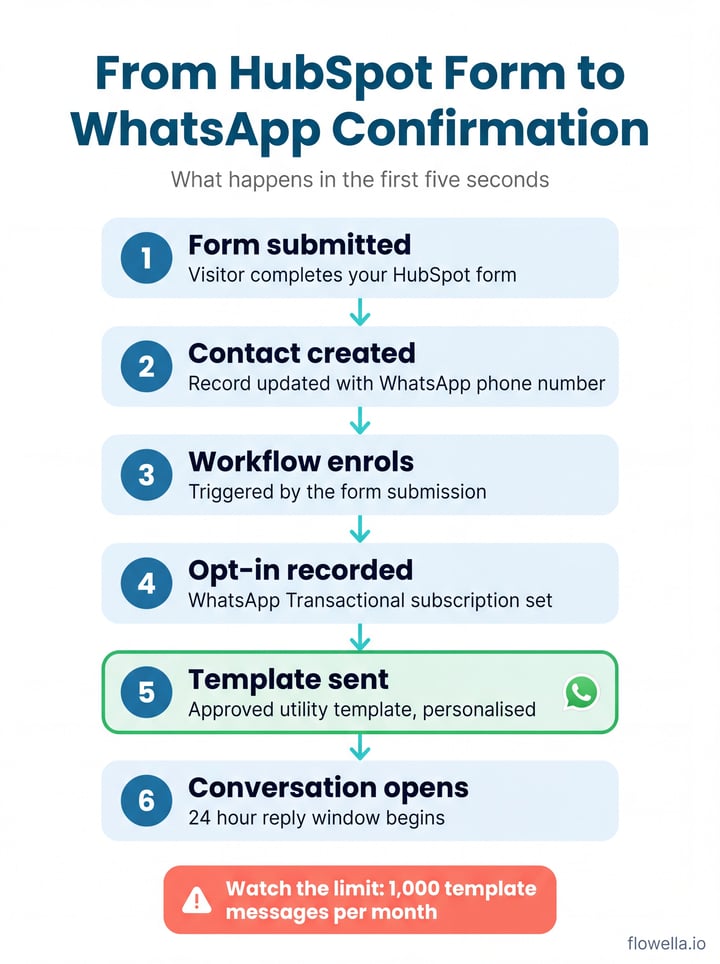 Process diagram showing the six steps from HubSpot form submission to WhatsApp confirmation: form submitted, contact created, workflow enrols, opt-in recorded, template sent, conversation opens