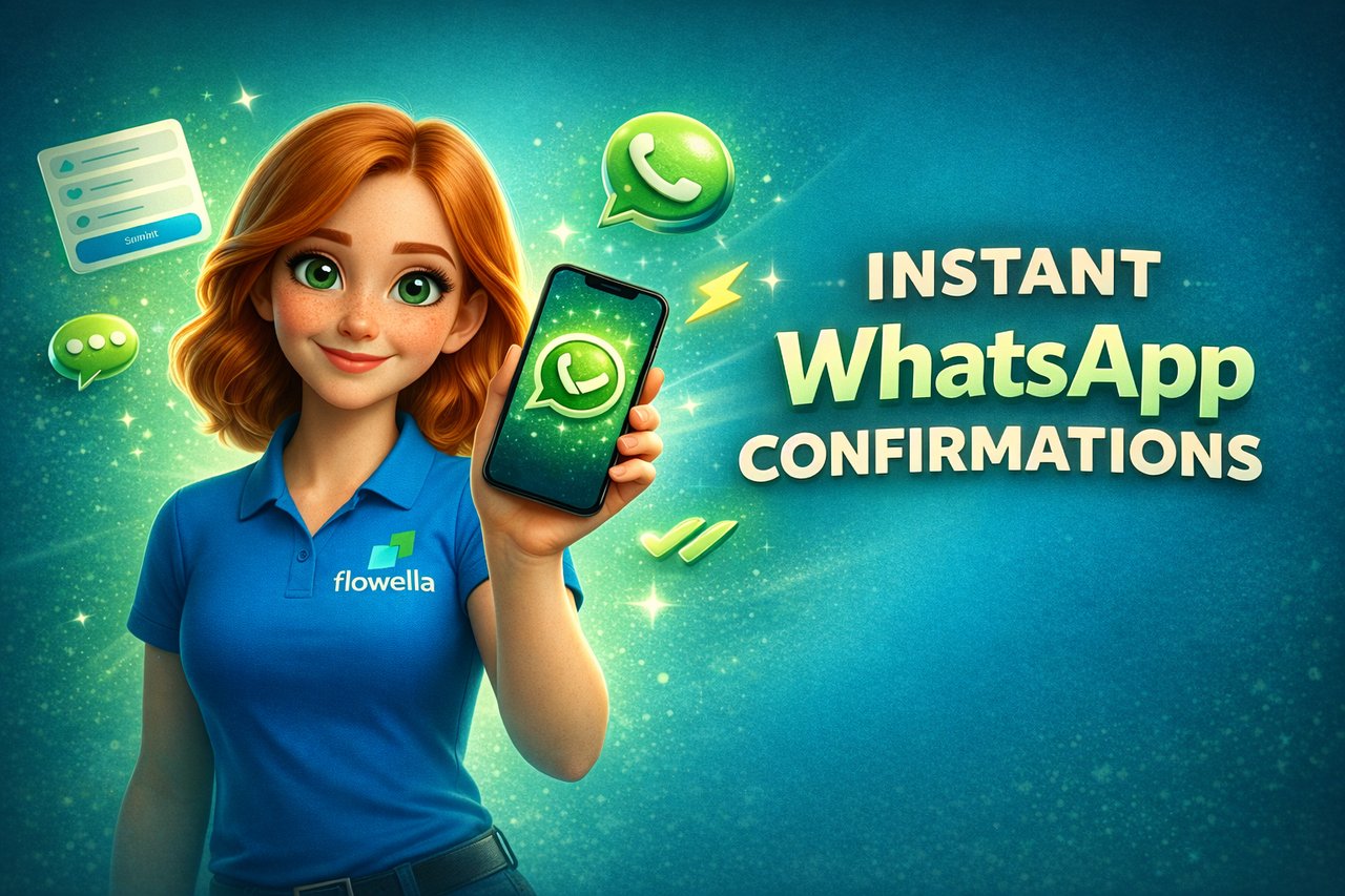 Flo from Flowella holding a phone showing an instant HubSpot WhatsApp confirmation sent after a form submission