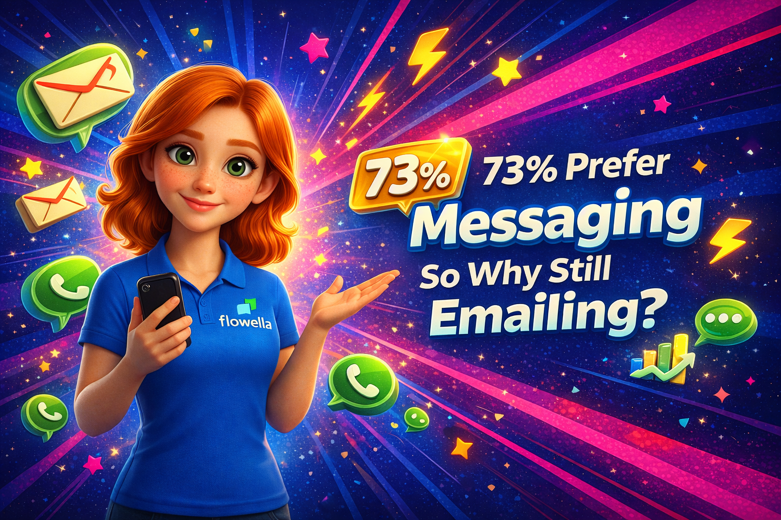 Flo character holding a smartphone and gesturing towards 73% prefer messaging statistics, with WhatsApp icons and email envelopes floating around her on a vibrant blue-to-pink gradient background