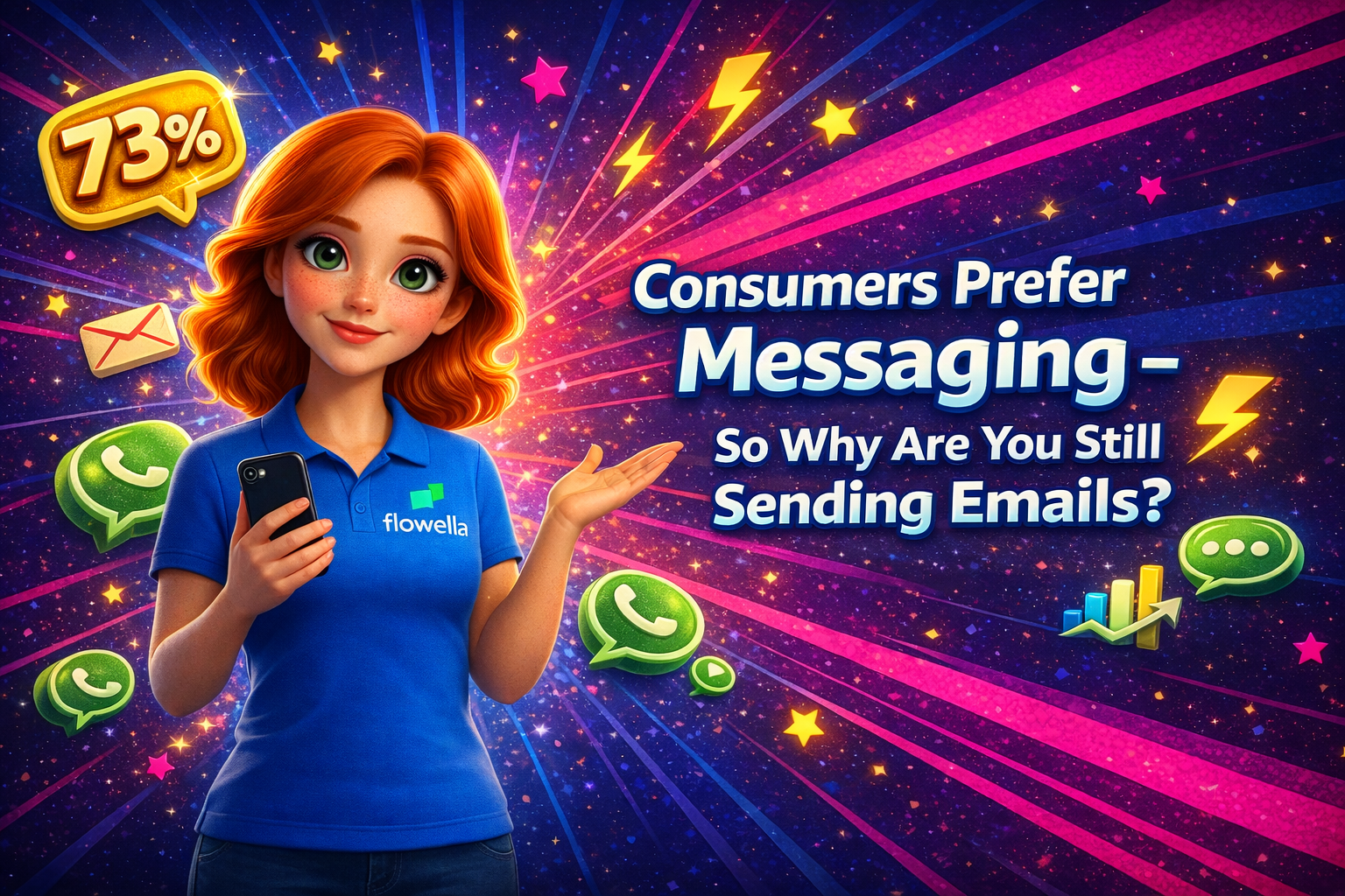 Flo, the Flowella mascot, holding a smartphone and gesturing towards the title Consumers Prefer Messaging So Why Are You Still Sending Emails, with a yellow 73% speech bubble, WhatsApp icons and email envelopes floating on a vibrant blue-to-pink gradient background