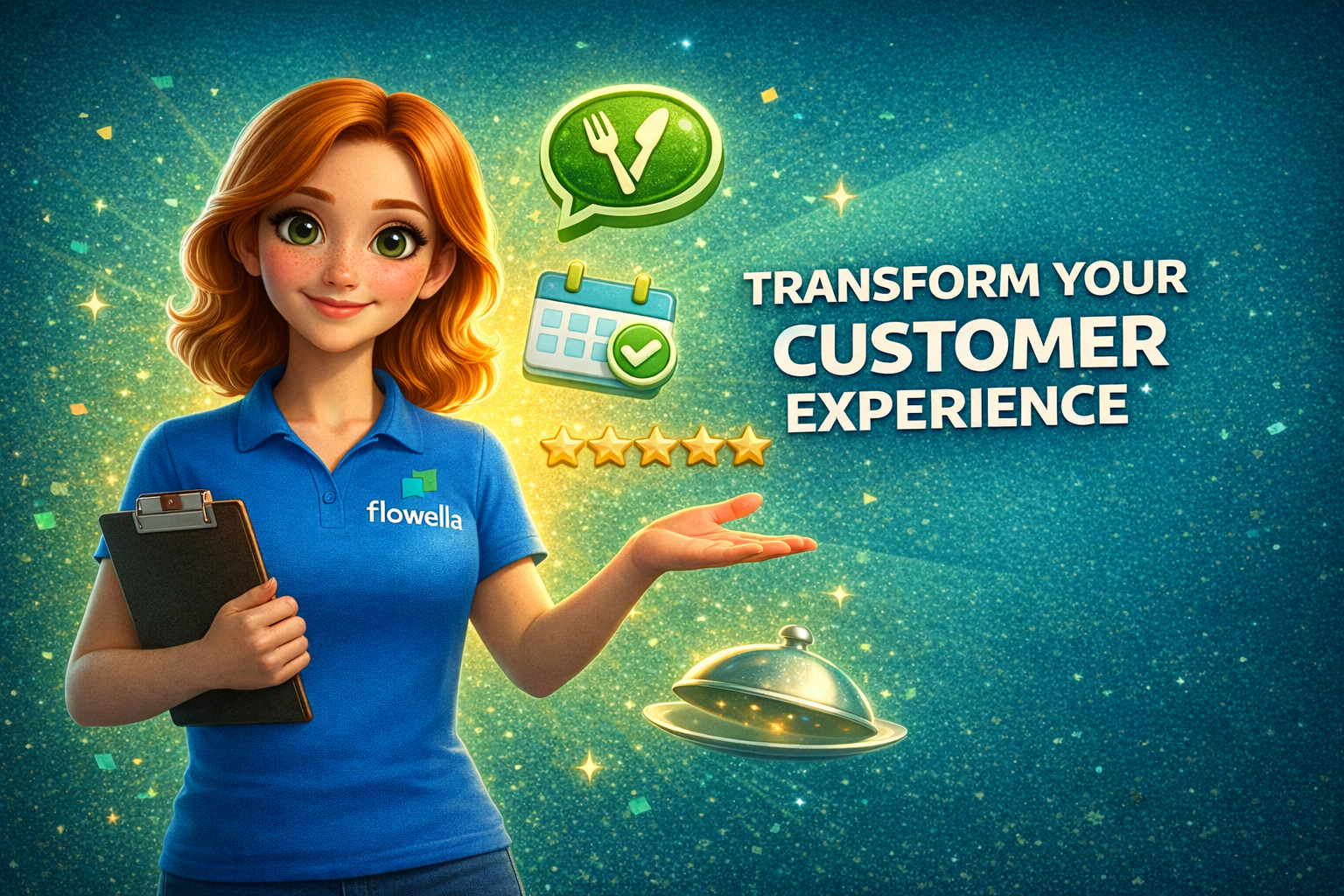 Flo, the Flowella mascot, holding a clipboard and gesturing towards the title Transform Your Customer Experience, with restaurant and WhatsApp Flow icons floating around her on a teal sparkle background
