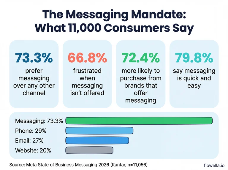 Infographic showing key statistics from Meta's State of Business Messaging 2026 report including 73.3% prefer messaging, 66.8% frustrated when messaging is not offered, 72.4% more likely to purchase, and 79.8% say messaging is quick and easy