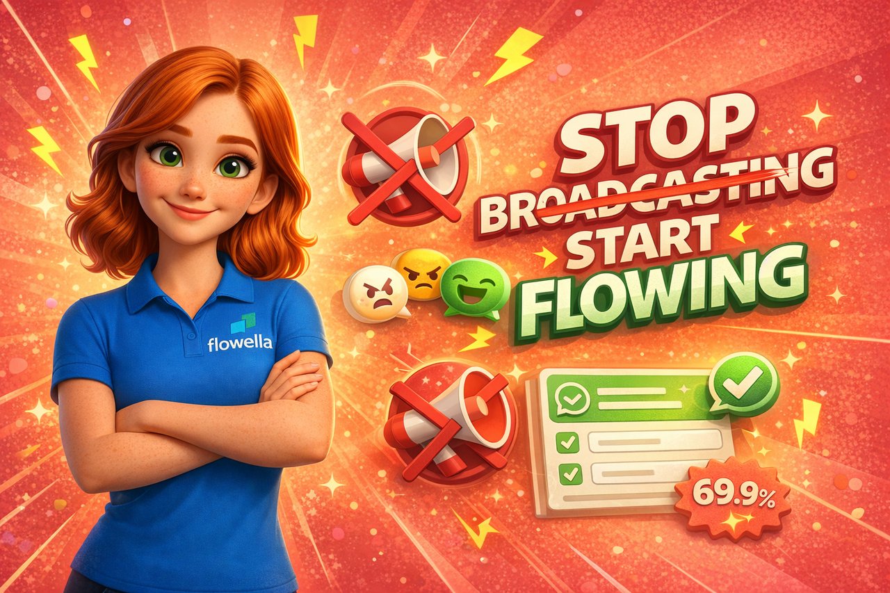 Personagem Flo com os braços cruzados ao lado do texto Stop Broadcasting Start Flowing sobre fundo coral com megafone riscado e elementos de formulário WhatsApp Flow
