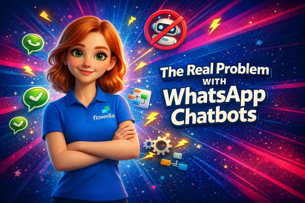 Flo, the Flowella mascot, standing confidently with arms crossed next to the title The Real Problem with WhatsApp Chatbots, with chatbot and WhatsApp icons floating around her