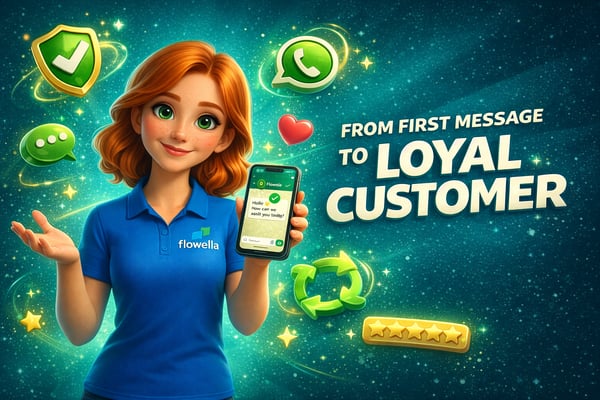 Flo, the Flowella mascot, holding a phone showing a WhatsApp chat with a verified tick, surrounded by a trust shield, WhatsApp icon, loyalty loop and five-star rating, with the headline "From First Message to Loyal Customer" on a teal background