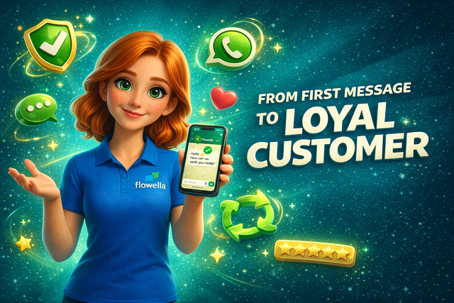 Flo, the Flowella mascot, holding a phone showing a WhatsApp chat with a verified tick, surrounded by a trust shield, WhatsApp icon, loyalty loop and five-star rating, with the headline "From First Message to Loyal Customer" on a teal background