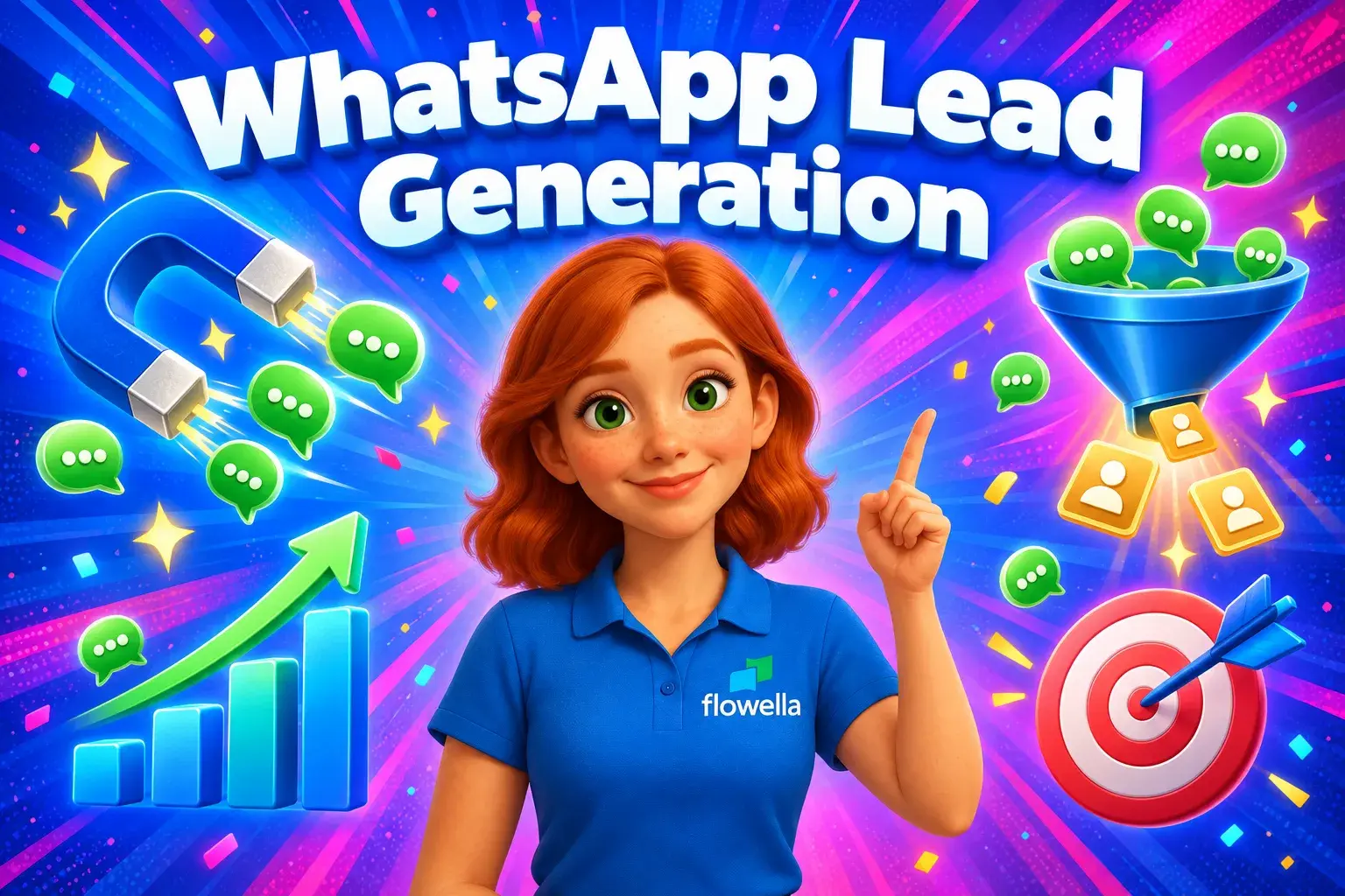 Flo from Flowella pointing to the headline WhatsApp Lead Generation, surrounded by a magnet, funnel and chat bubbles turning into leads