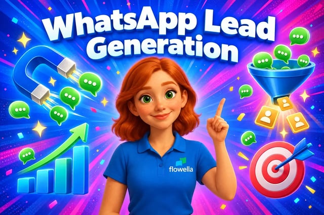 Flo from Flowella pointing to the headline WhatsApp Lead Generation, surrounded by a magnet, funnel and chat bubbles turning into leads