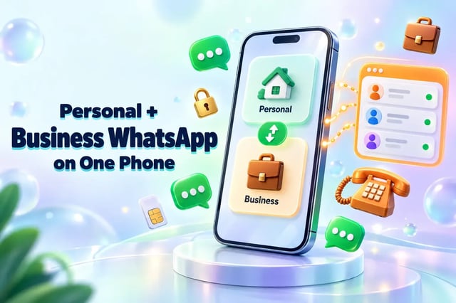 Personal and business WhatsApp on the same phone: a smartphone switching between Personal and Business accounts next to a shared team inbox