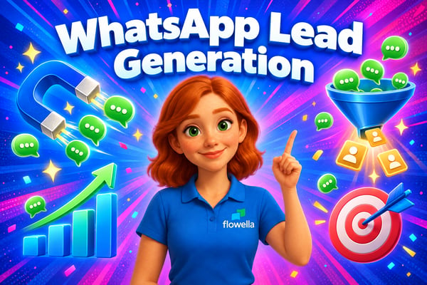 Flo from Flowella pointing to the headline WhatsApp Lead Generation, surrounded by a magnet, funnel and chat bubbles turning into leads