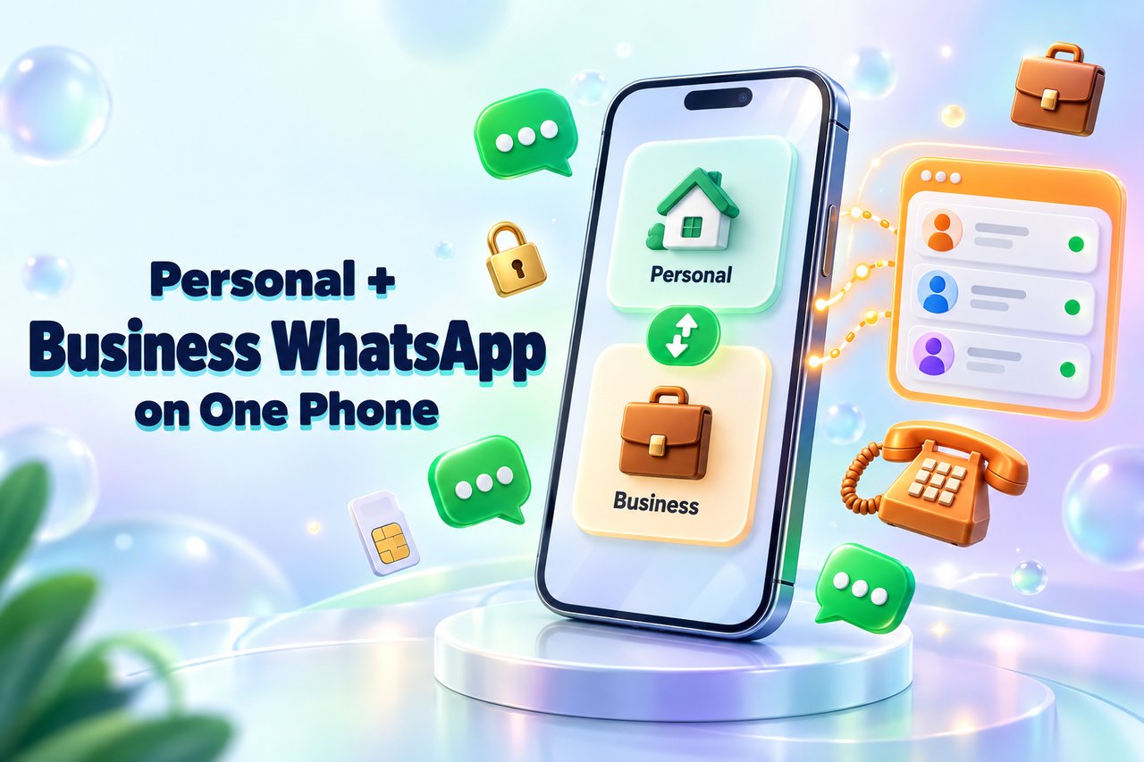 Personal and business WhatsApp on the same phone: a smartphone switching between Personal and Business accounts next to a shared team inbox