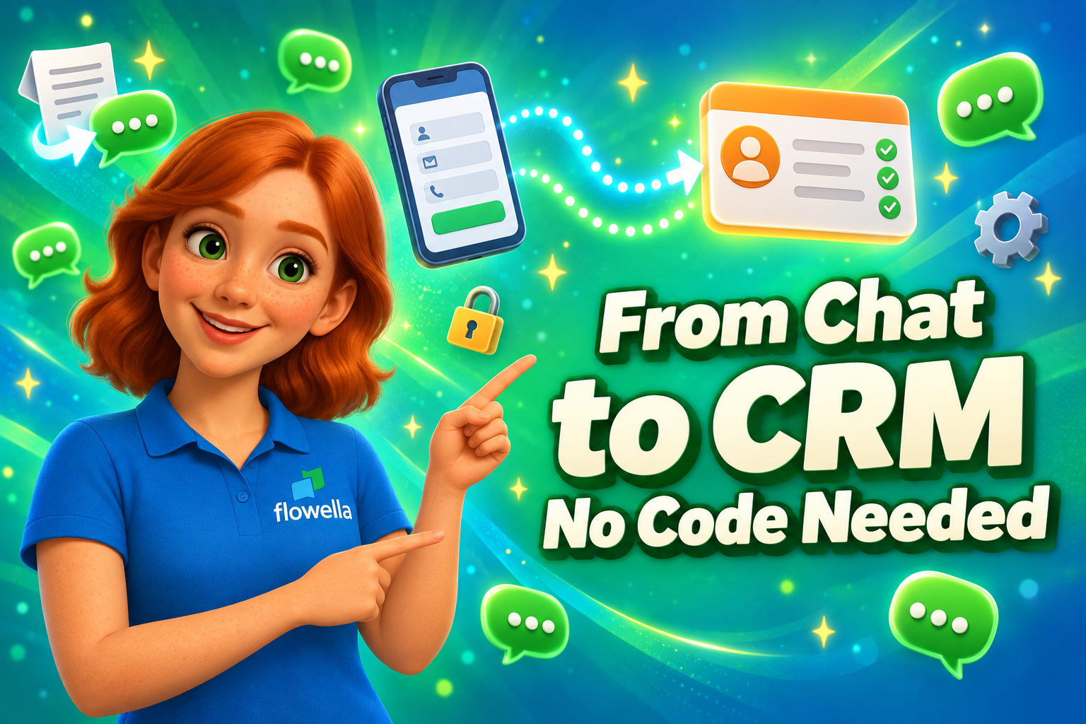 Flo from Flowella pointing to the headline From Chat to CRM, with a WhatsApp Flow form syncing to a HubSpot contact card