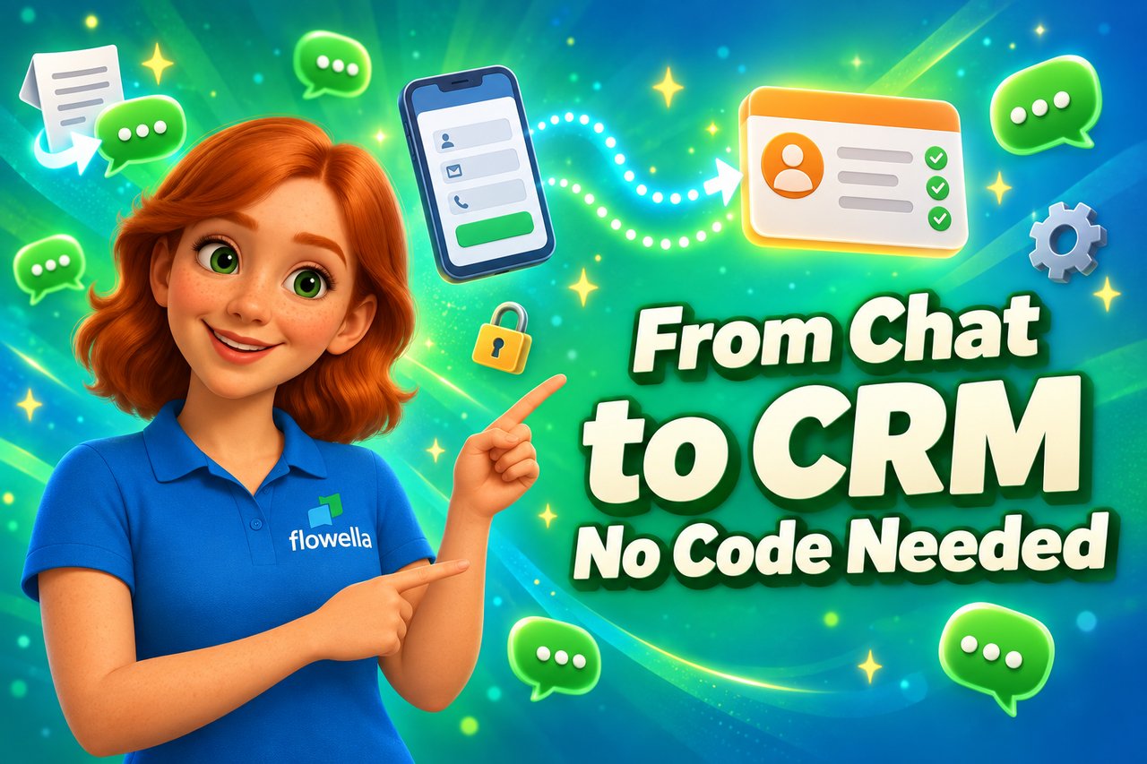 Flo from Flowella pointing to the headline From Chat to CRM, with a WhatsApp Flow form syncing to a HubSpot contact card
