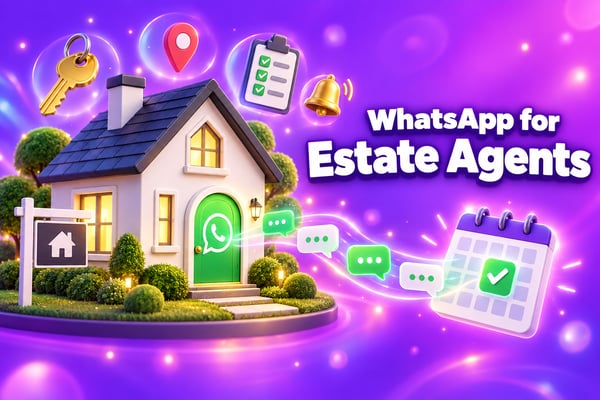 WhatsApp for estate agents: a 3D house with a WhatsApp chat door sending messages to a booked viewing calendar