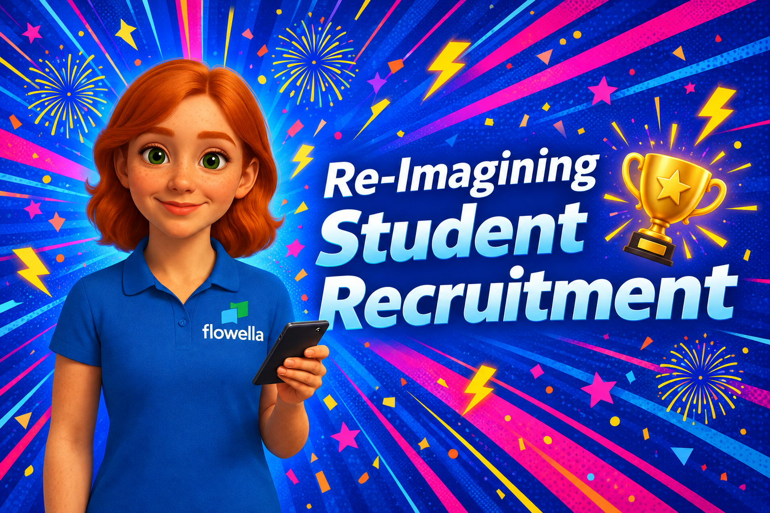Flo from Flowella holding a phone beside the headline Re-Imagining Student Recruitment and a gold trophy, celebrating WhatsApp for college recruitment