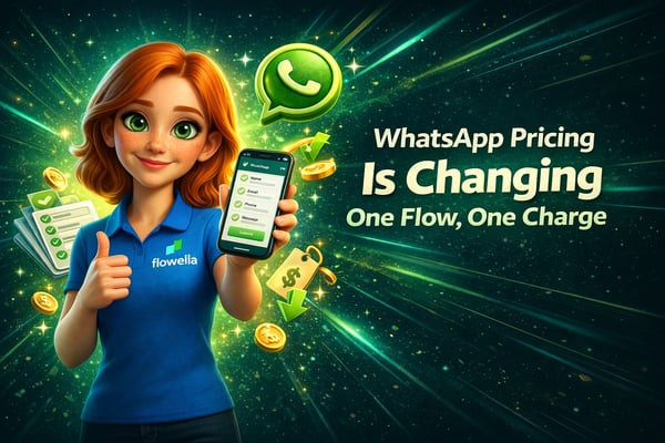 فلو وهي تحمل هاتفًا يعرض نموذج «WhatsApp Flow»، مع عبارة «تغير أسعار WhatsApp: تدفق واحد، رسوم واحدة»