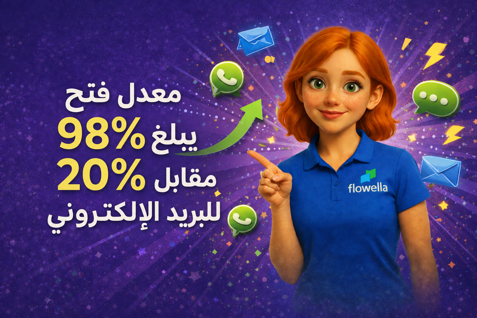 مغلفات بريد إلكتروني مصممة بشكل فني تتداخل مع فقاعة دردشة WhatsApp — توضيح لمقارنة التفاعل عبر البريد الإلكتروني بالمقارنة مع التفاعل عبر الرسائل