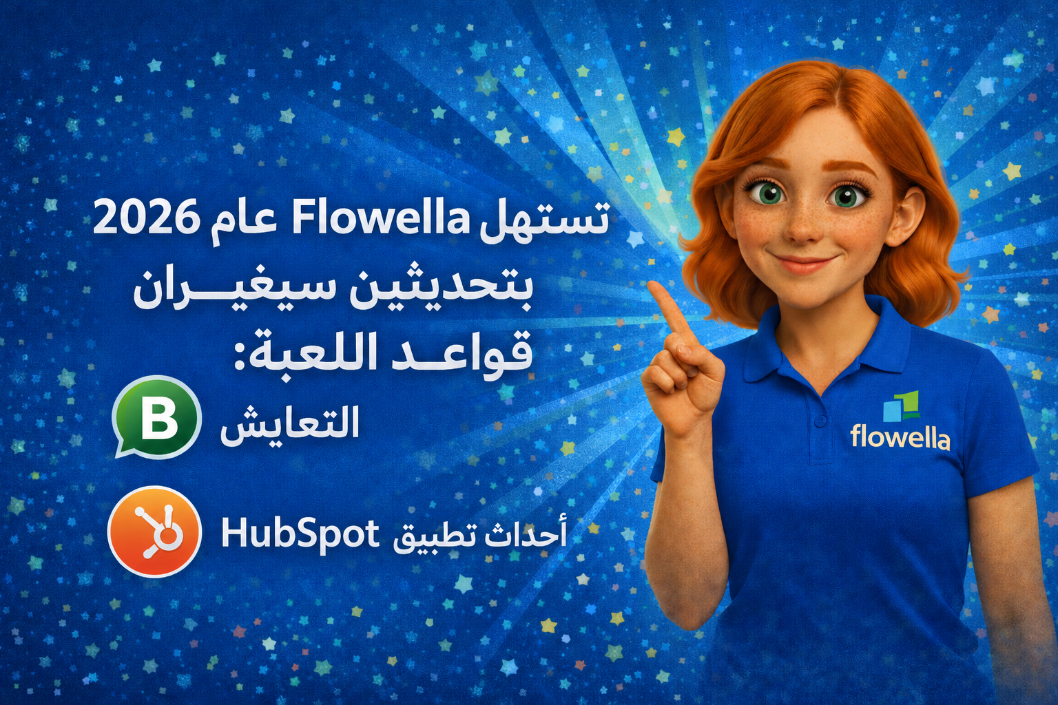 تصميم جرافيكي لعلامة «Flowella 2026» مع مسار العمل من «WhatsApp» إلى نظام إدارة علاقات العملاء (CRM)