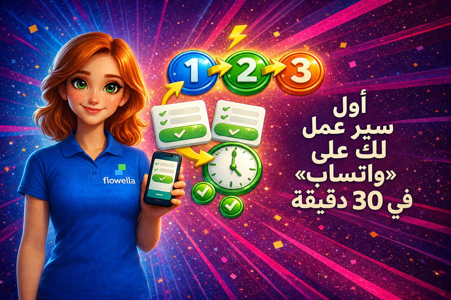 «فلو»، الشخصية الترويجية لـ«فلوويلا»، وهي تحمل هاتفًا يعرض نموذج «واتساب فلو»، مع ثلاث شارات لخطوات سير العمل مرقمة ومتصلة بأسهم، وساعة تُشير إلى 30 دقيقة، وبطاقات نماذج، وعلامات صح خضراء على خلفية متدرجة بألوان زاهية من الأزرق إلى الوردي