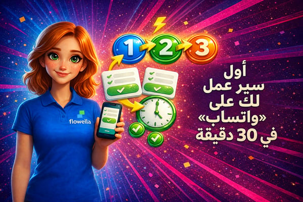 «فلو»، شخصية «فلوويلا» الترويجية، وهي تحمل هاتفًا يعرض نموذج «واتساب فلو»، مع ثلاث شارات لخطوات سير العمل مرقمة ومتصلة بأسهم، وساعة تُشير إلى 30 دقيقة، وبطاقات نماذج، وعلامات خضراء على خلفية متدرجة بألوان زاهية من الأزرق إلى الوردي