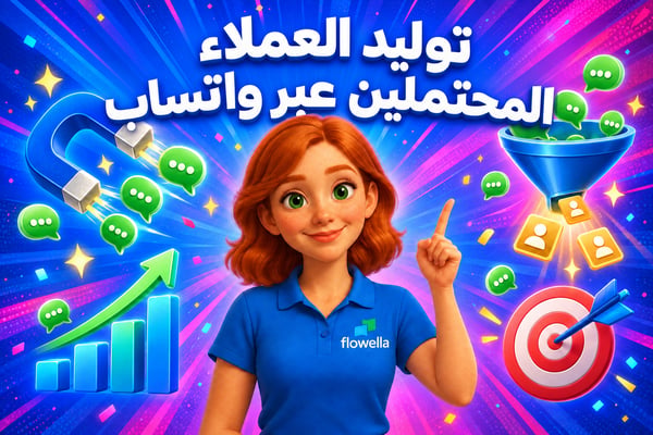 «فلو» من «فلوويلا» تشير إلى العنوان «توليد العملاء المحتملين عبر واتساب»، وهي محاطة بمغناطيس وقمع ومسارات محادثة تتحول إلى عملاء محتملين